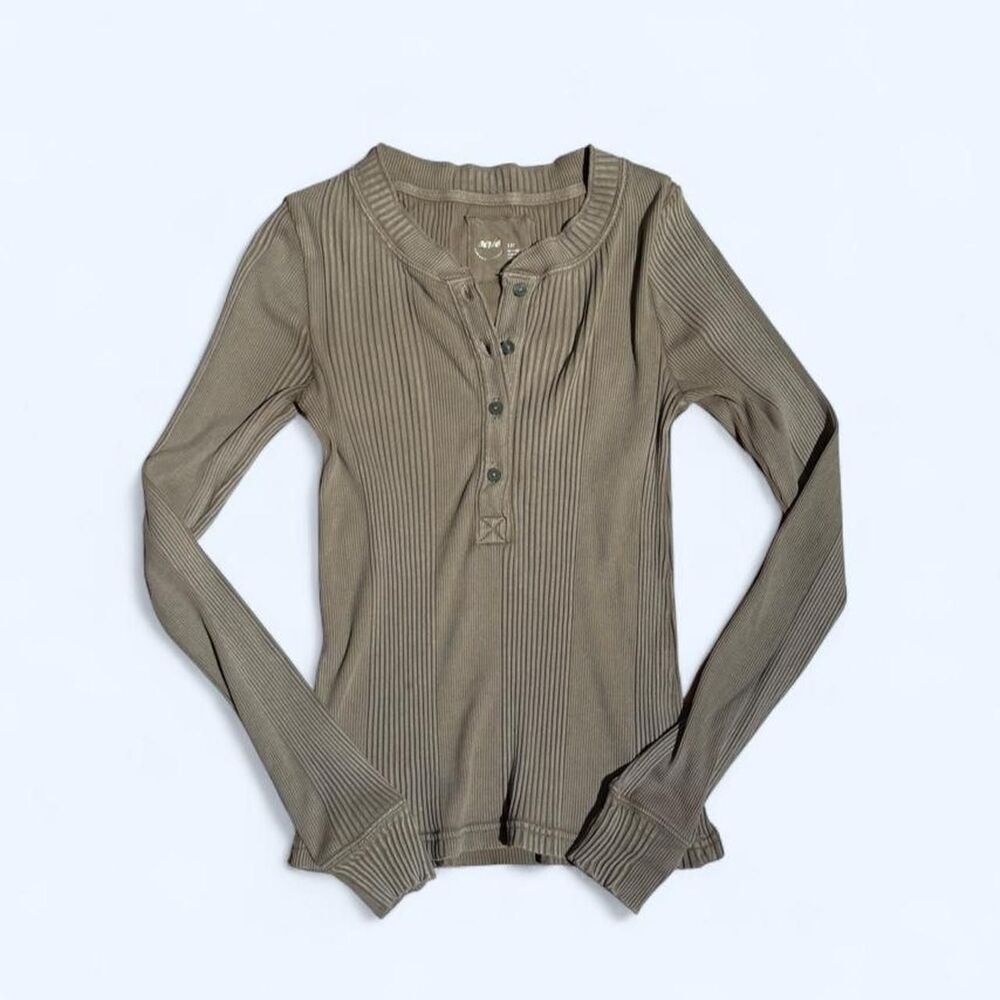 Aerie Women's Ribbed Knit Henley Long Sleeve Shirtgre